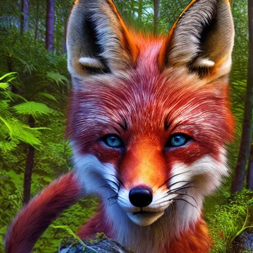 Image similar to Photorealistic fox queen of the enchanted forest. Hyperdetailed photorealism, 108 megapixels, amazing depth, glowing rich colors, powerful imagery, psychedelic Overtones, 3D finalrender, 3d shading, cinematic lighting, artstation concept art