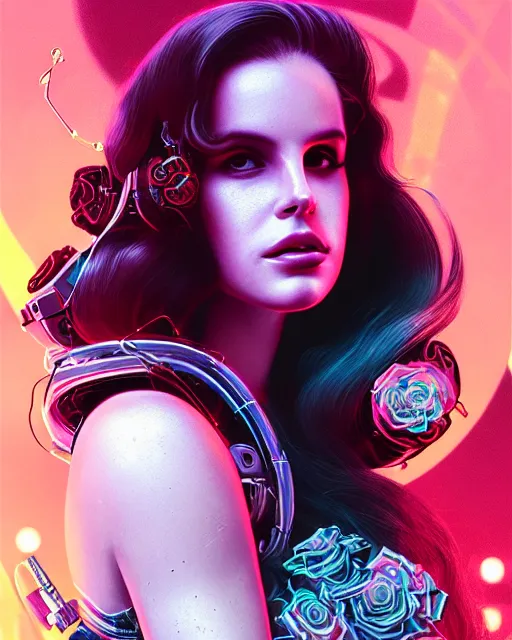 Image similar to portrait of lana del rey as a cyberpunk cyborg. roses, sci - fi, intricate abstract, upper body, intricate artwork, by tooth wu, wlop, beeple, dan mumford. concept art, 8 k octane render, deviantart, greg rutkowski, cinematic, key art, hyperrealism, iridescent accents