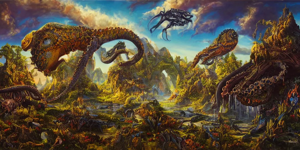 Image similar to fantasy oil painting, great leviathan, cybernetic turtle cephalopod terrapin reptilian pachyderm squid, bella hadid, hybrid, milla jovovich, anubis, epic natural light, lush plants flowers, spectacular mountains, bright clouds, luminous sky, outer worlds, golden hour, michael cheval, edward hopper, michael whelan, vray, hd