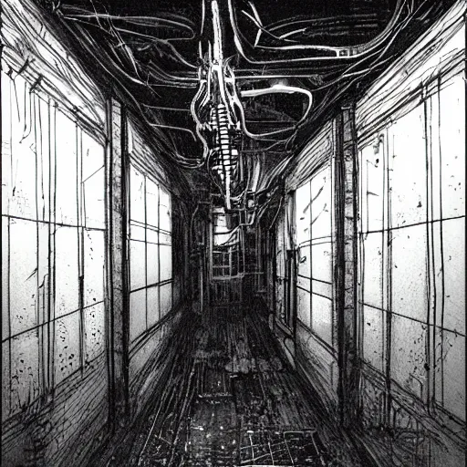 Image similar to ominous space station hallway by tsutomu nihei, inked, minute details, desolation, hyper realistic, cosmic horror, biomechanical, beautiful