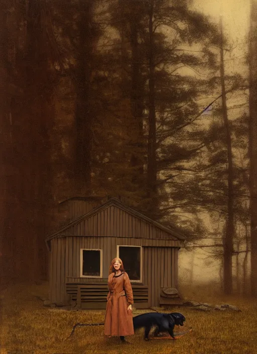Image similar to portrait bust of emma stone petting a dog, solemn expression, faded color film, russian cinema, tarkovsky, kodachrome, old cabin, next to window, heavy forest outside, long brown hair, old clothing, heavy fog, hudson river school, 4 k, dramatic lighting, greg rutkowski