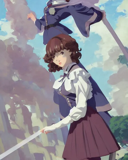 Image similar to late renaissance magical academy girl school uniform with coat, pale cyan and grey fabric, jodhpurs greg manchess painting by sargent and leyendecker, studio ghibli, fantasy, medium shot, asymmetrical, intricate, elegant, matte painting, illustration, hearthstone, by greg rutkowski, by greg tocchini, by james gilleard, by joe fenton