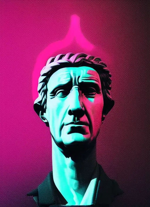 Image similar to portrait of julius caesar with a stoic look, beeple, vaporwave, retrowave, black background, neon, black, glitch, strong contrast, neon wiring, cuts, pinterest, trending on artstation