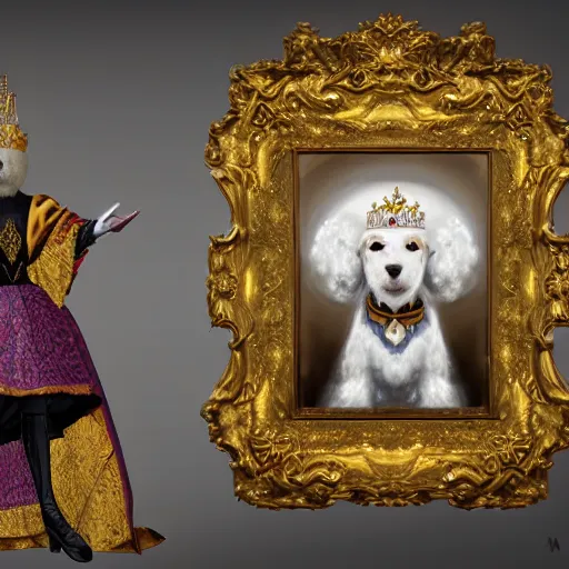 Prompt: oil painting portrait of a white poodle wearing medieval royal robe and an ornate crown on a dark nebula background digital Art, concept Art, highly detailed, 3-D 4K, trending on art station, Mark Brooks,