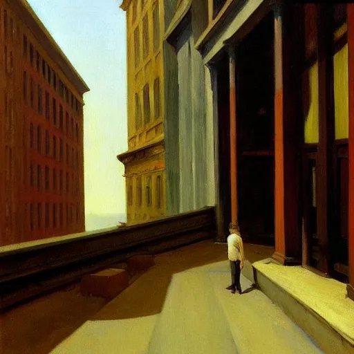 Image similar to oil painting of a man wandering the abandoned streets of an overgrown city, edward hopper.