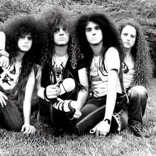 Image similar to Group of 19-year-old women holding electric guitars, long shaggy hair, permed hair, thrash metal, heavy metal, band promo photo, 1987 photograph