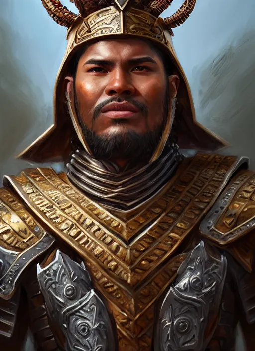 Prompt: smart breadtai warlord, closeup portrait, historical hero, ethnic group, tai costume, bronze headdress, intricate, with leather armor cross on chest, cotton textile, elegant, loin cloth, highly detailed, oil painting, artstation, concept art, matte, sharp focus, illustration, hearthstone, art by earl norem