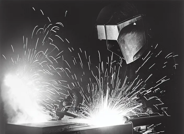 Prompt: welder in welding mask in the upside down, stranger things, by richard avedon, tri - x pan stock