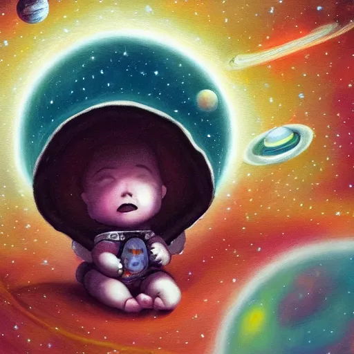Image similar to sad lonely baby in the middle of space surrounded by colorful stars planets and galaxies, oil painting, trending on artstation