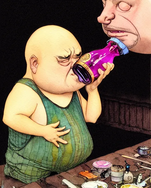 Prompt: a realistic and atmospheric watercolour fantasy character concept art portrait of a fat, chibi quigon jin drinking out of a bottle with pink eyes wearing a wife beater. by rebecca guay, michael kaluta, charles vess and jean moebius giraud