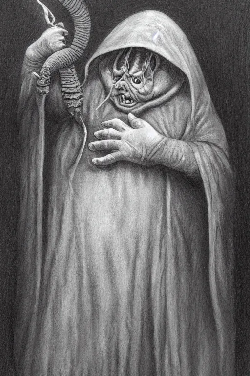 Image similar to a obese gray sniveling rat person wearing a decaying brown cloak, painting by ed binkley