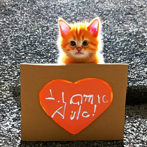 Image similar to cute fluffy orange tabby kitten with a sign that says