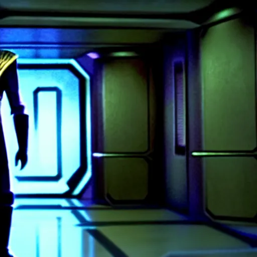 Image similar to a Klingon standing in a Star Trek Federation hallway