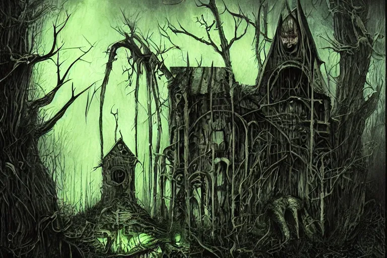 Prompt: mad horror painting of a futuristic alien witch house from another dimension in the woods by ben templesmith