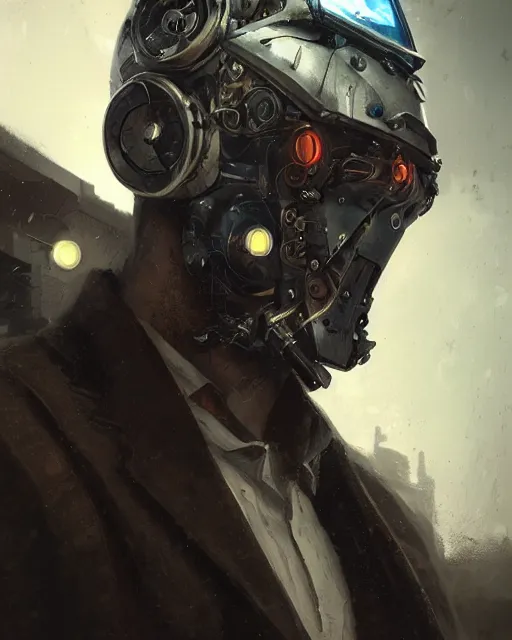 Prompt: a rugged young engineer man with cybernetic enhancements wearing a suit and bowtie, detailed mask, scifi character portrait by greg rutkowski, esuthio, craig mullins, 1 / 4 headshot, cinematic lighting, dystopian scifi gear, gloomy, profile picture, mechanical, half robot, implants, steampunk