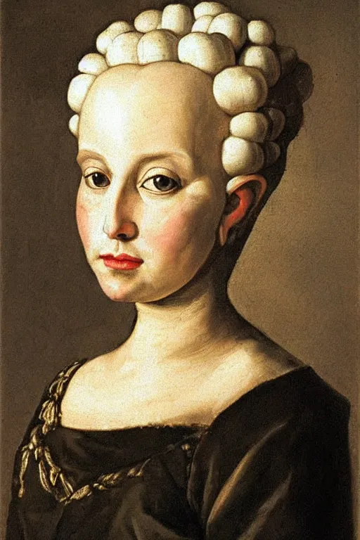 Image similar to queen of garlic portrait, baroque painting, her head is made of garlic, young, dainty, elegant