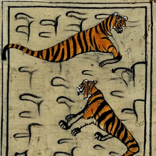 Image similar to bad drawn tiger with many legs flying in a medieval manuscript, medieval manuscript, golden miniatures