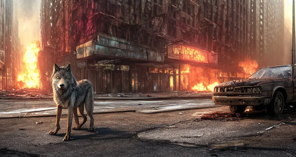 Prompt: A beautiful hyper realistic ultra detailed lifelike matte painting of close-up of a scruffy Timber Wolf standing in the middle of an abandoned post-apocalyptic New York City street at night with cars on fire, unreal engine, deviantart, flickr, artstation, octane render, textured, colorful, extreme realistic detail, physically based rendering, pbr render, very detailed, volumetric lighting, detailed lighting, octane render, 4k, cinematic lighting, 8k resolution