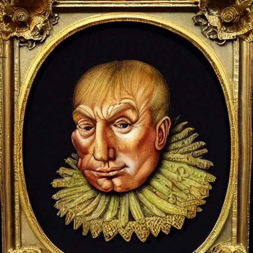 Image similar to very aged medieval painting of donald trump made of vegetables, by giuseppe arcimboldo