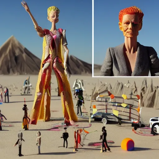 Image similar to tilda swinton at burning man, activity play centre, stop motion vinyl action figure, plastic, toy, malti klarwein style