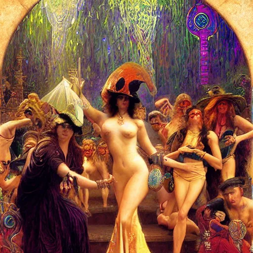 Image similar to witch controling underground edm party people, painting by gaston bussiere, craig mullins, j. c. leyendecker, lights, art by ernst haeckel, john william godward, hammershøi,