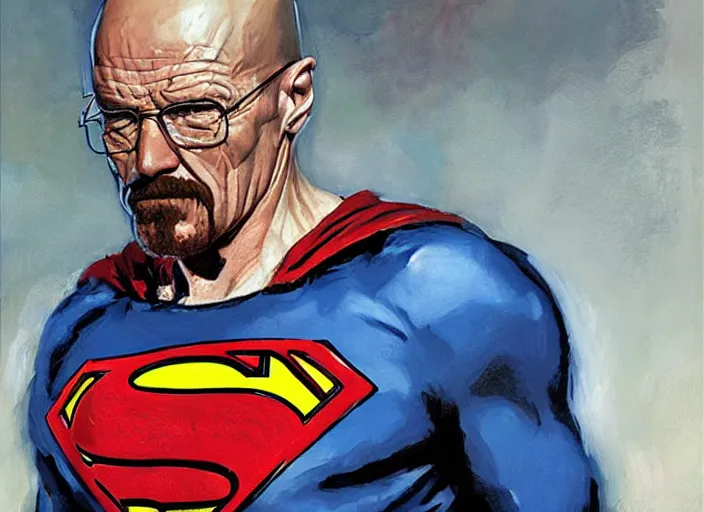 Image similar to a highly detailed beautiful portrait of walter white as superman, by gregory manchess, james gurney, james jean