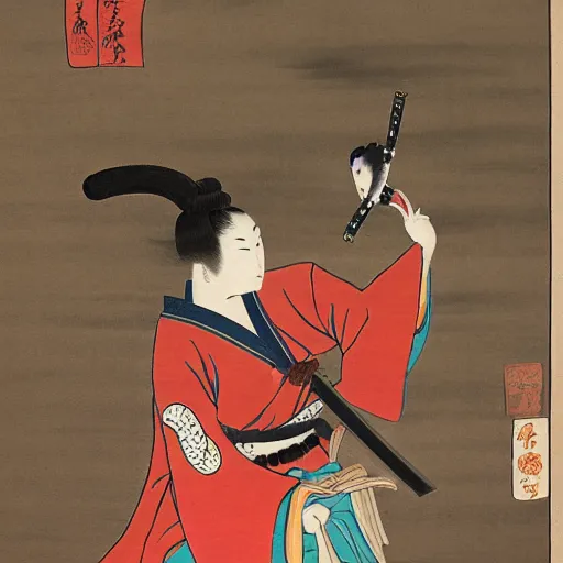 Image similar to Japanese painting of a Nekomata wielding multiple Katana.