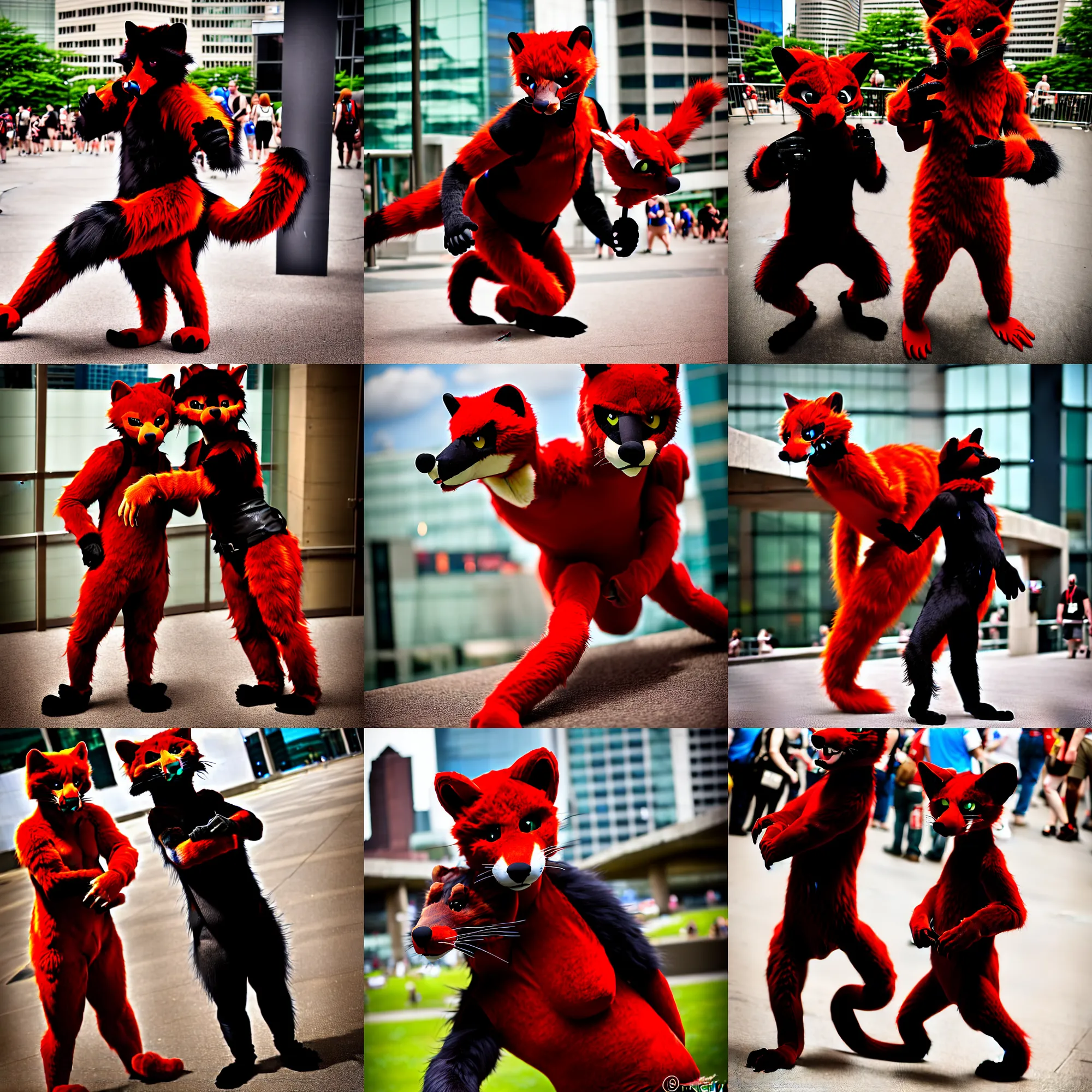 Prompt: fullbody photoshoot photo portrait of a roguish male red - black furred weasel furry fursuiter ( wearing tail ), taken at anthrocon ( furry convention )