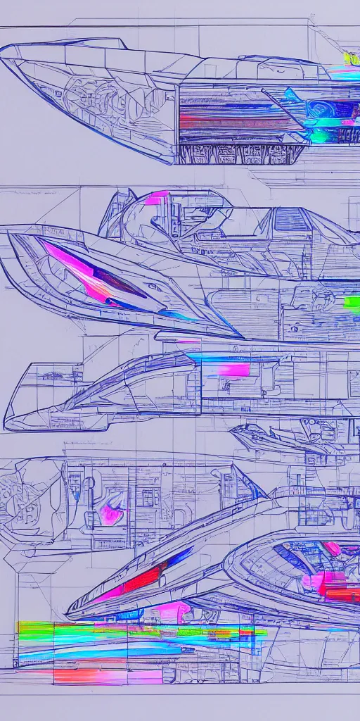 Image similar to blueprint of a spaceship, technical draw, concept art, extreme detail, 3 5 mm, colorful, nyan colors