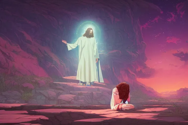 Prompt: a portrait of jesus praying, funky, fantasy by dan mumford, yusuke murata and makoto shinkai, 8 k, cel shaded, unreal engine, featured on artstation, pixiv