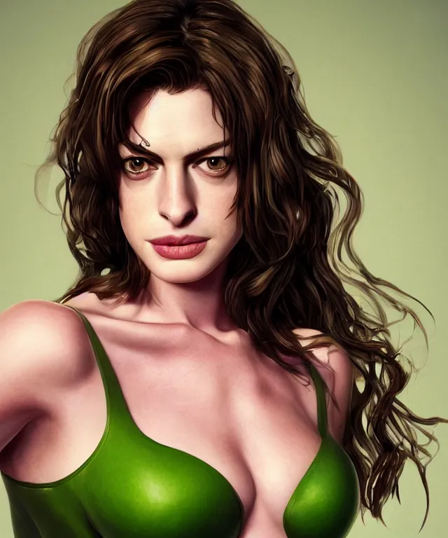 Image similar to anne hathaway as shehulk, au naturel, hyper detailed, digital art, trending in artstation, cinematic lighting, studio quality, smooth render, unreal engine 5 rendered, octane rendered