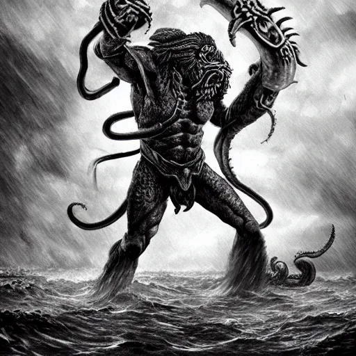 Image similar to warrior with shield fighting a kraken monster during a stormy night, rule of thirds, nestor canavarro hyperrealist, sharp outlines, cinematic style, lot of foam