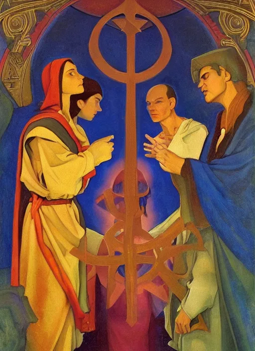 Image similar to transcendental adoration of the magi, occult rune symbolism epic surrealism 8k oil painting, portrait, perspective, high definition, cinematic, post modernist layering, by Nicholas Roerich, Annie Swynmerton, Diego Rivera, John William Godward