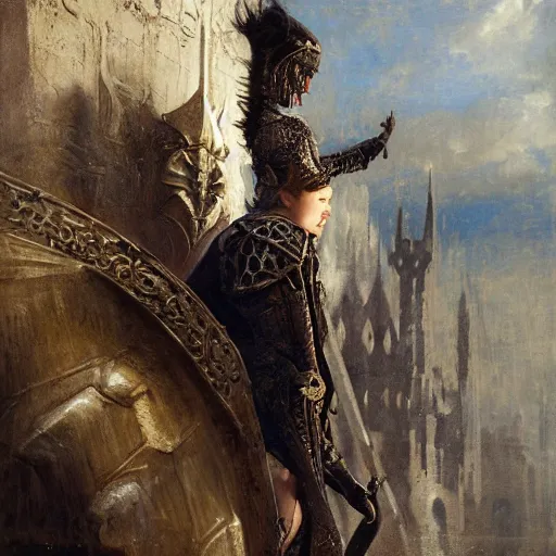 Prompt: florence pugh, wearing dark black ornamented medieval armour, detailed, by gaston bussiere, bayard wu, greg rutkowski, giger, maxim verehin, greg rutkowski, masterpiece, sharp focus,