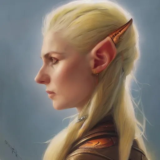 Prompt: A side view detailed oil portrait of a pretty elf woman with small curly copper horns on her forehead, long blonde hair and bright irises, by greg rutkowski, trending on artstation, dungeon and dragons art