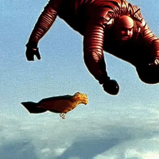 Prompt: A screenshot from Dune 1984 of Baron Harkonnen falling out of an ornithoper