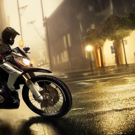 Prompt: highly detailed, photo realistic, futuristic drz 4 0 0 s at night in the rain driving on a city street, dense fog, unreal engine, by greg rutowski, by stanley artgerm, by alphonse mucha