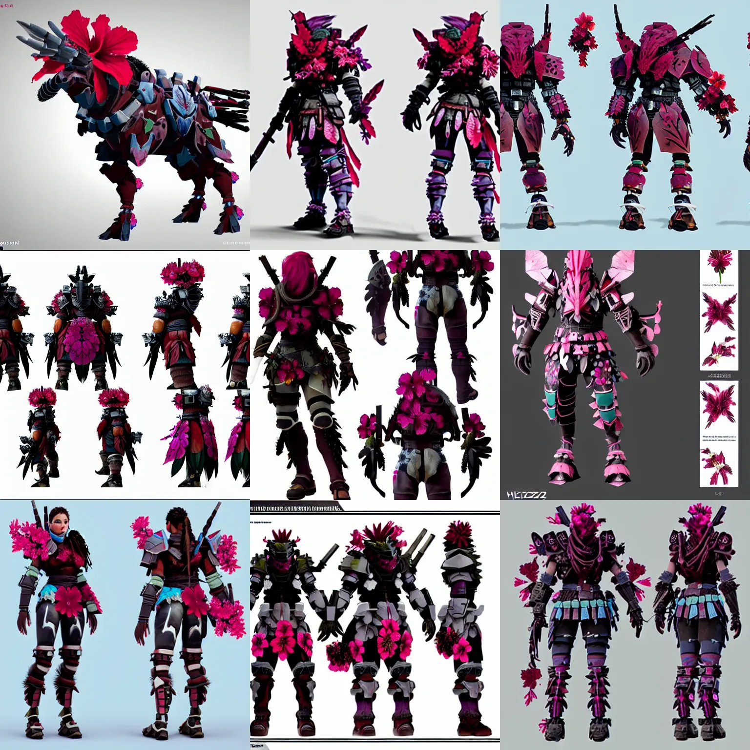 Prompt: hibiscus hybrid knight reference sheet from horizon zero dawn, 3 d character reference sheet, hibiscus hibiscus rosa - sinensis rendering by caravaggio