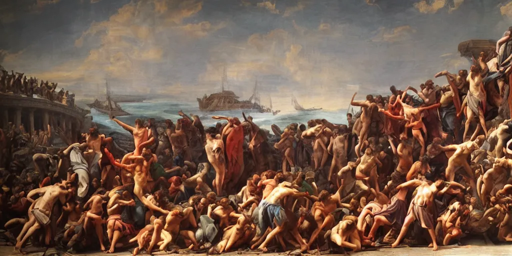 Image similar to a mix between the raft of the medusa and the school of athens, matte painting, oil canvas, photorealistic illustration, extreme detail, hyper realistic, highly detailed, digital art