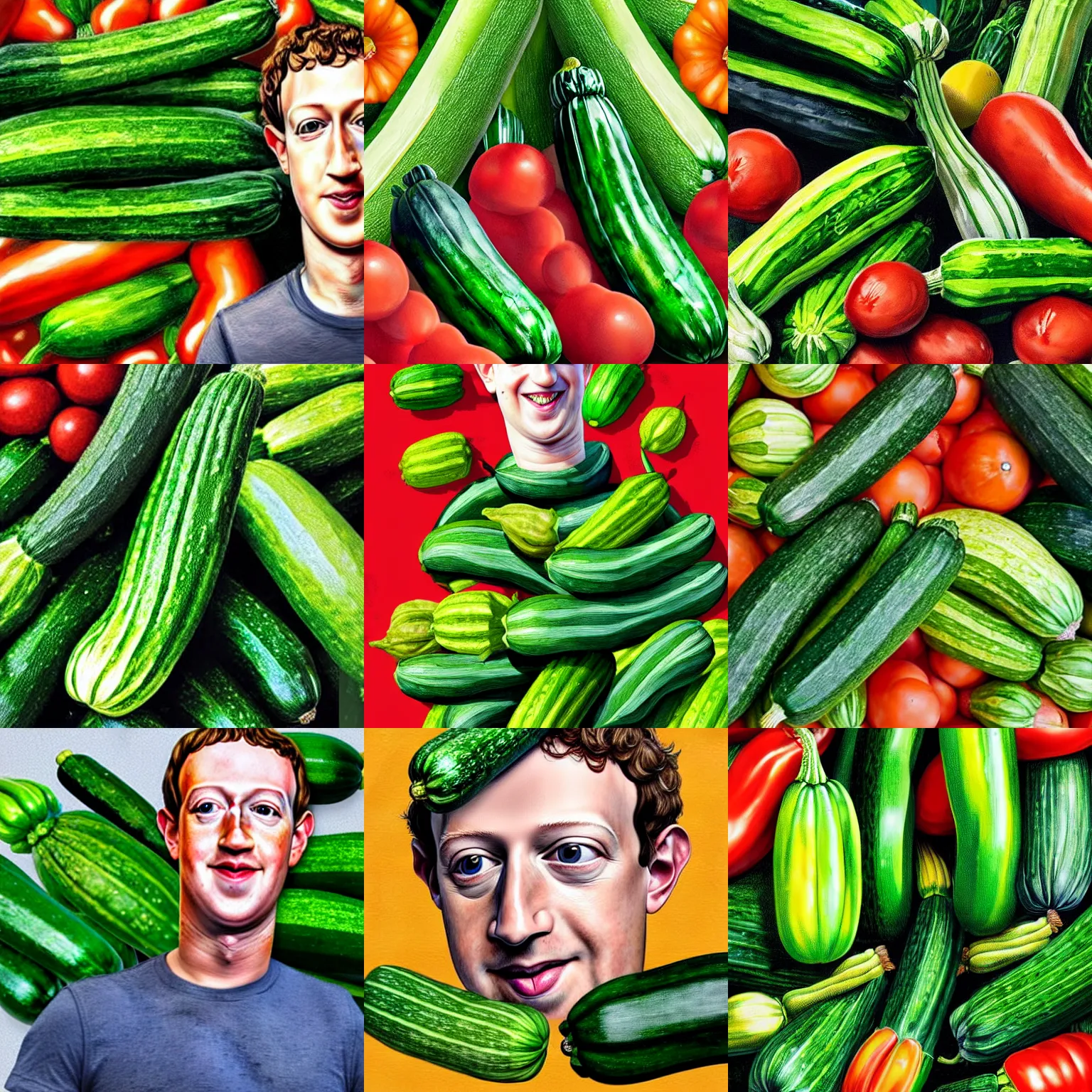 Image similar to mark zuckerberg as a zucchini, vegetable market stand in the background, digital painting by arcimboldo