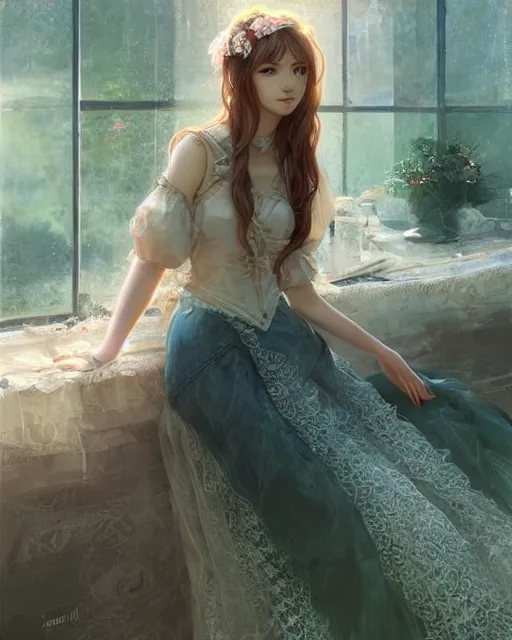 Image similar to aerith gainsborough in lace skirt, portrait, illustration, rim light, top light, perfectly shaded, soft painting, art by krenz cushart and wenjun lin