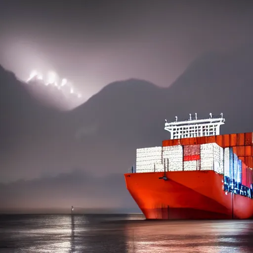 Image similar to photo of immense gigantic industrial futuristic cargo ship arrives at futuristic city sea port, dark cinematic lighting