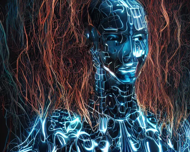 Prompt: glowing hair, supercomputer complex cybernetic beings, beautiful hairy humanoids, cybergods, cybermagnetosphere, cybernetic civilizations, ornate hair, love, joy, vortexes, large arrays, data holograms, 8 k, cinematic light shadows, wet hdr refractions