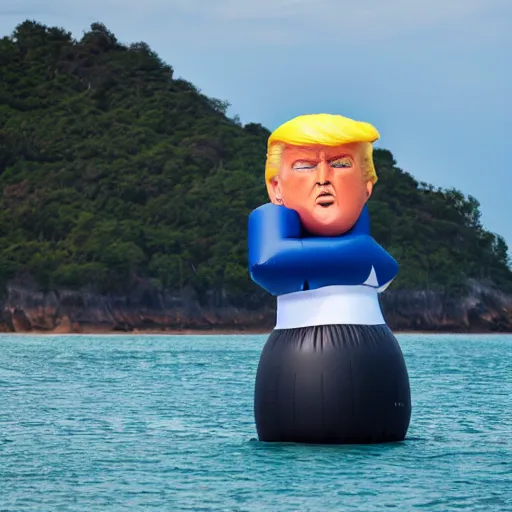 Image similar to large inflatable Donald Trump styled boat off the coast, dslr photo, telephoto lens, 80mm