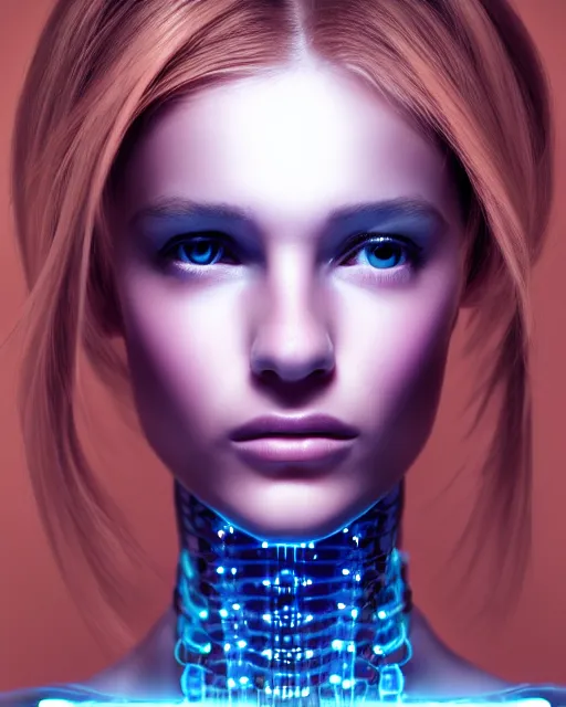 Image similar to fashion portrait, most beautiful girl in the world, glowing cybernetic augments, hyperrealism, year 2447, cdx