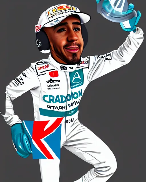 Prompt: a detailed caricature of Lewis Hamilton