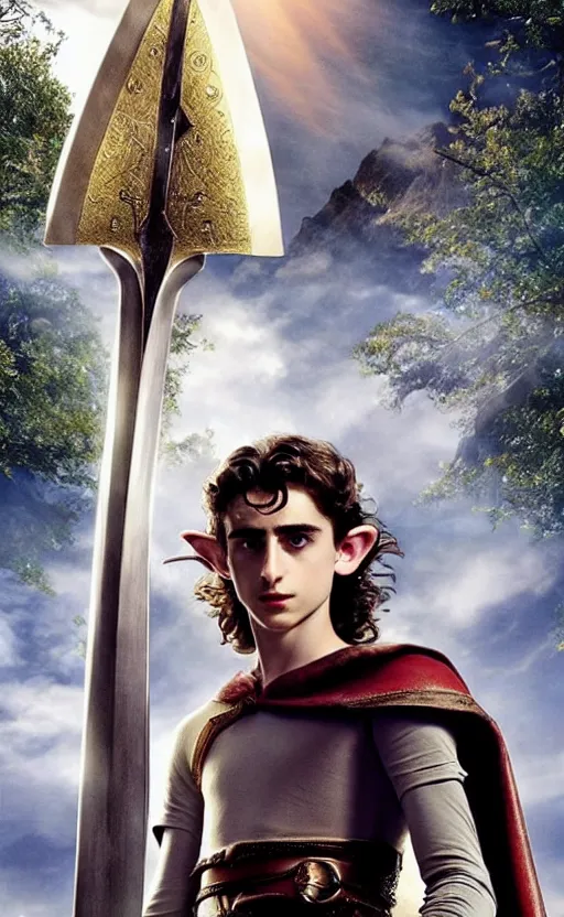 Image similar to epic cinemati shot of Timothee Chalamet starring as Link from Legend of Zelda, 8k movie scene, elf ears, long blonde hair, +++ super super super dynamic posing, super serious facial expression, holding a sword & shield, ocarina of time movie, concept photos, dynamic lighting, dynamic shaders, night time, in the forest, fairy light above