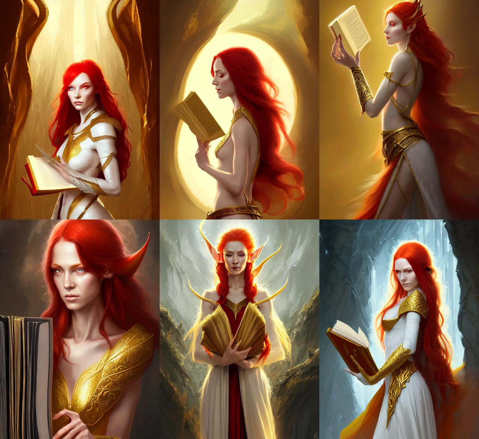 Prompt: Portrait of red haired elven woman, D&D fantasy, wearing white and golden robes which look distinguished, she has a sophisticated expression and is holding a book. Intricate, highly detailed, digital painting, artstation, concept art, sharp focus, illustration, art by greg rutkowski and Ross Tran