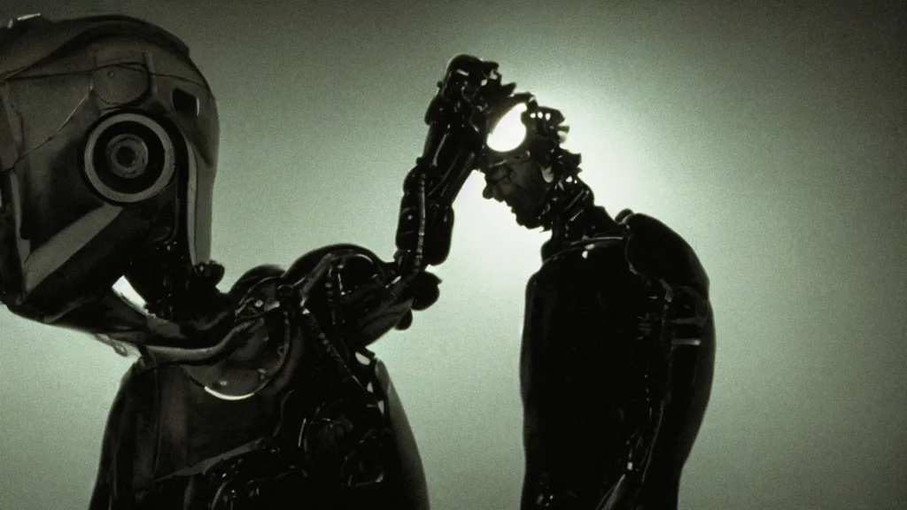 Image similar to The man with robot head, movie still, cinematic composition, cinematic light, by David Lynch