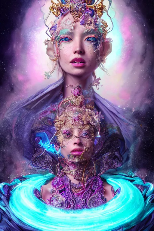 Image similar to a beautiful empress portrait, with a brilliant, impossible striking big cosmic galaxy headpiece, clothes entirely made out of cosmos chaos energy, symmetrical, dramatic studio lighting, rococo, baroque, jewels, asian, hyperrealism, closeup, D&D, fantasy, intricate, elegant, highly detailed, digital painting, artstation, octane render, 8k, concept art, matte, sharp focus, illustration, art by Artgerm and Greg Rutkowski and Alphonse Mucha